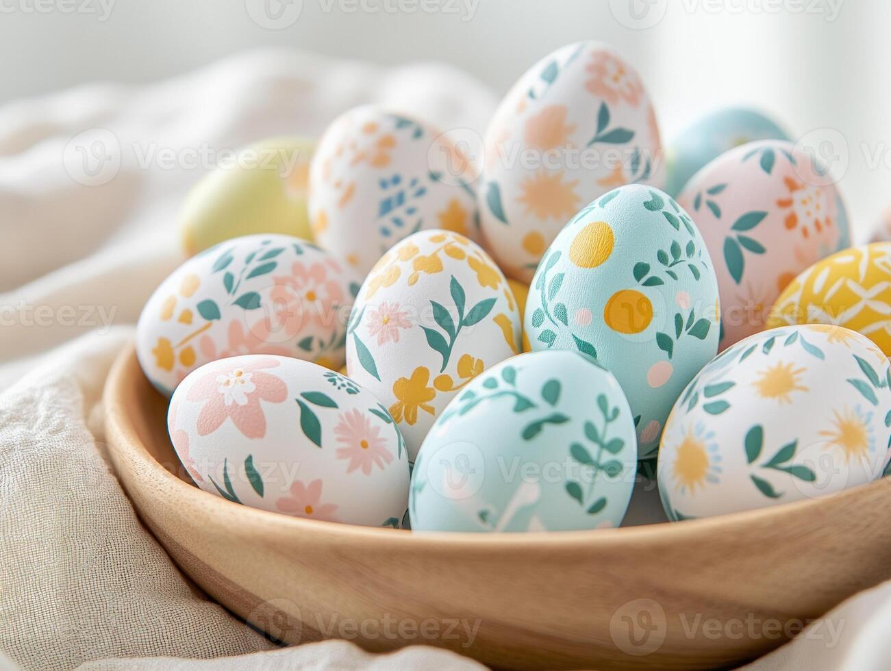 Vibrant close up of hand painted Easter eggs with floral patterns for spring decor photo