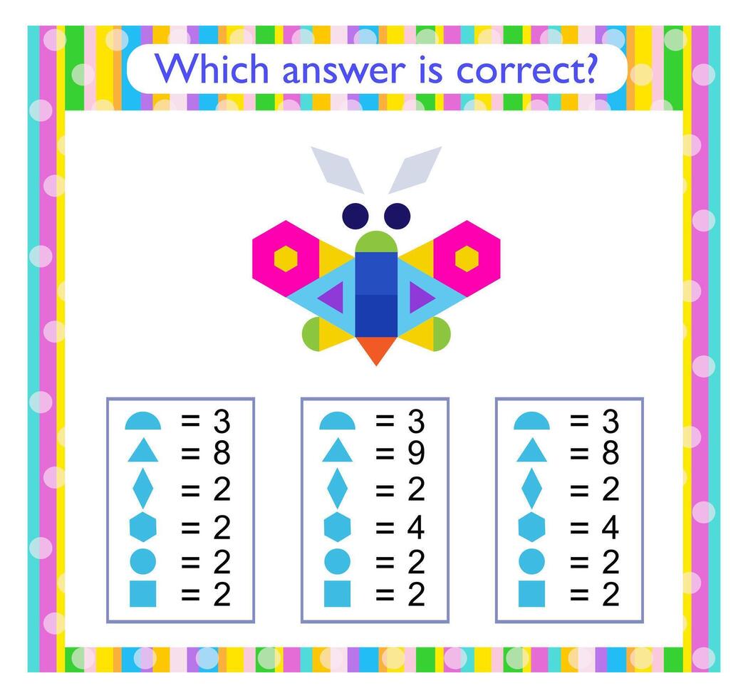 Math activity for kids. Need to find the correct answer. Cartoon butterfly. Preschool worksheet activity. vector