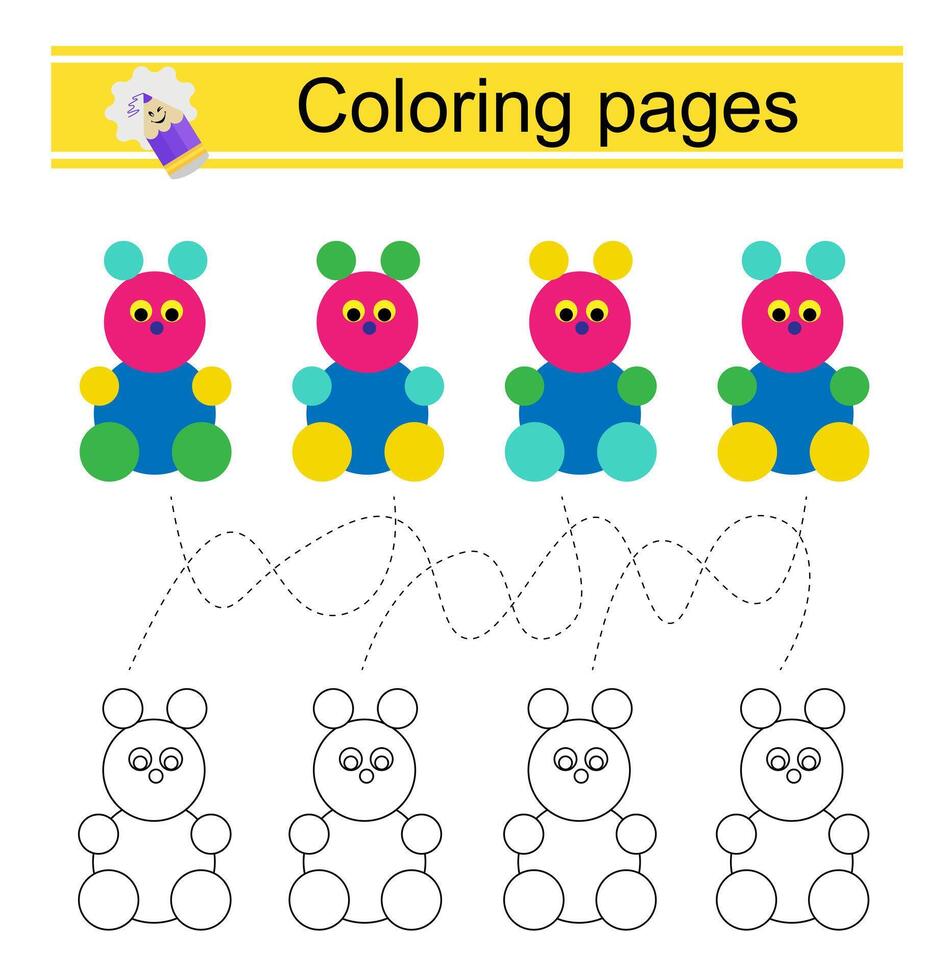 Matching game for kids. Find the correct color of cartoon bear and match. vector