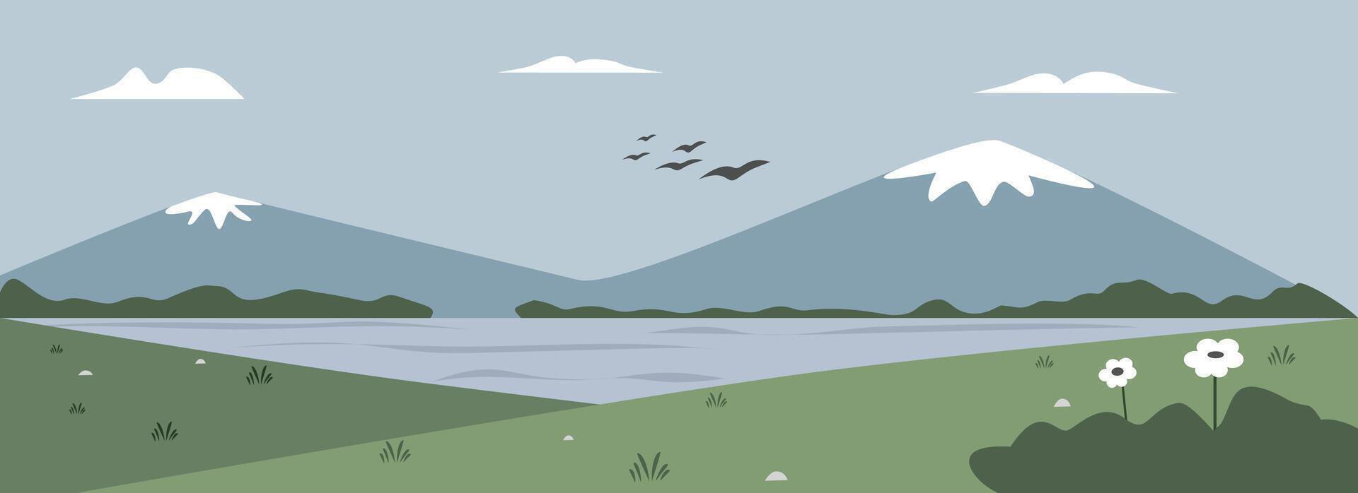 Mountain lake illustration. Hill near from lake. Scenery. Spring vibes. Park. Holiday place. Summer landscape. Morning. Panorama. Children book background. vector