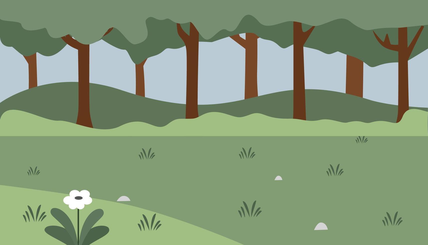 Jungle illustration. Forest scenery. Hill. Park. Children book background. Fable background. Bushes. Tree. Tropical forest. vector