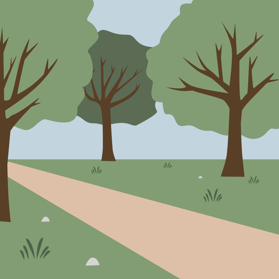Countryside path. Forest path. Jungle illustration. Trees. Grass. Children book background. Rustic street. Rural park. vector