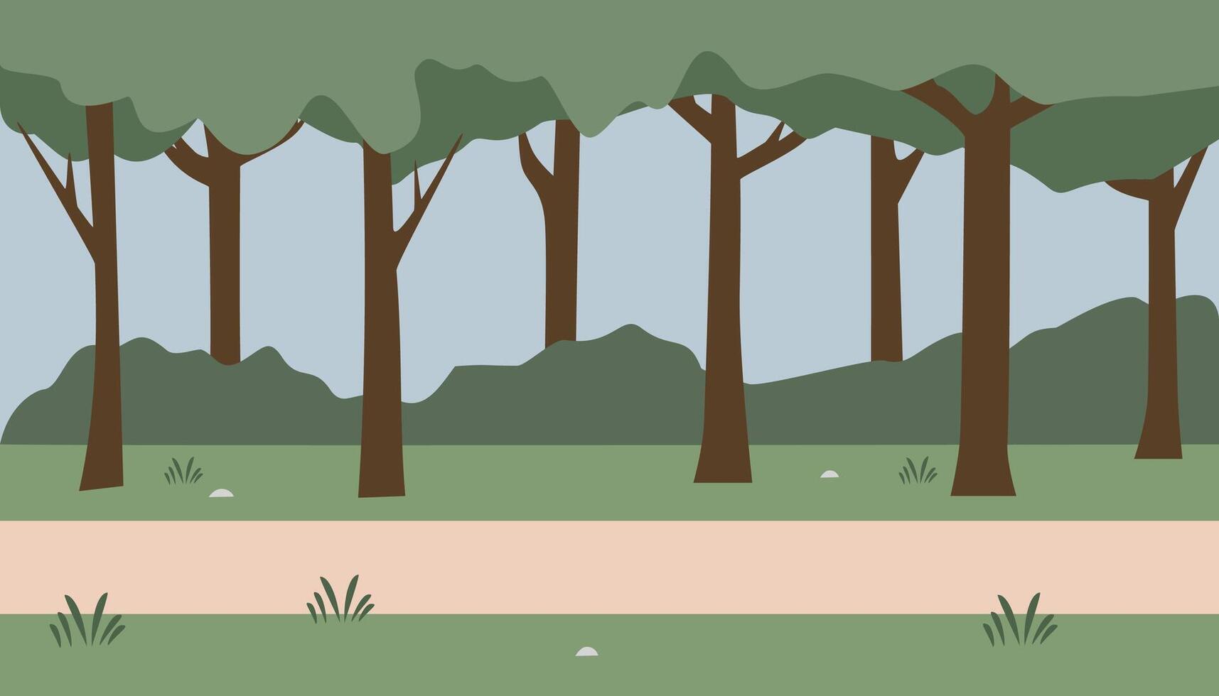 Simple forest illustration. Simple jungle illustration. Forest path. Trees. Bushes. Grass. Rustic. Rural park. Countryside. vector