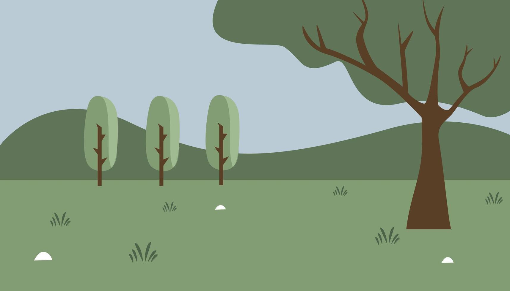 Serene meadow illustration. Forest cartoon. Children book background. Savanna. Rural park illustration. Hill. Scenery. Tree. Bushes. vector