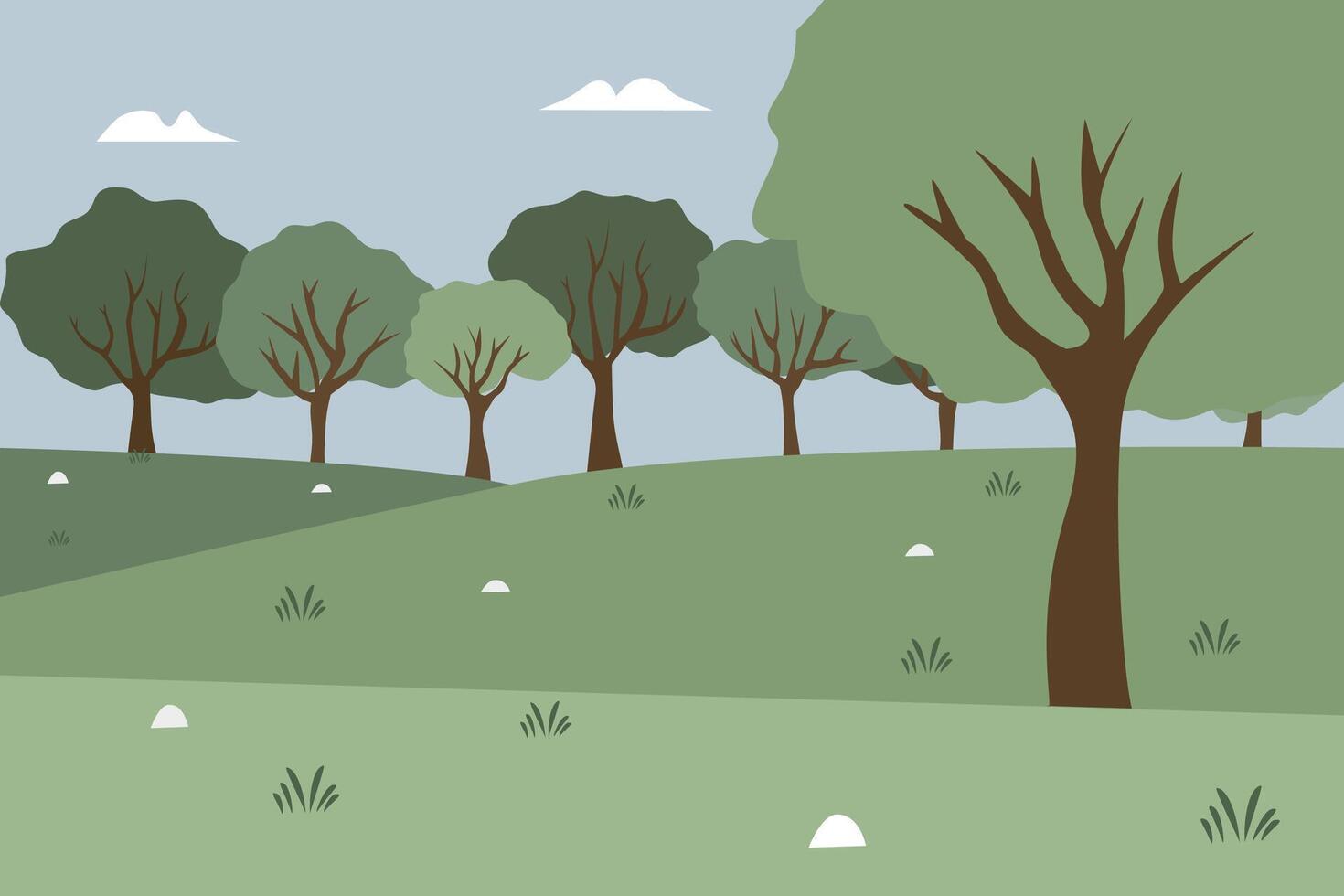 Hill illustration. Simple forest. Trees. Grass. Rural forest. Rural park. Rustic. Countryside. Simple park. Summer season. Springtime. vector