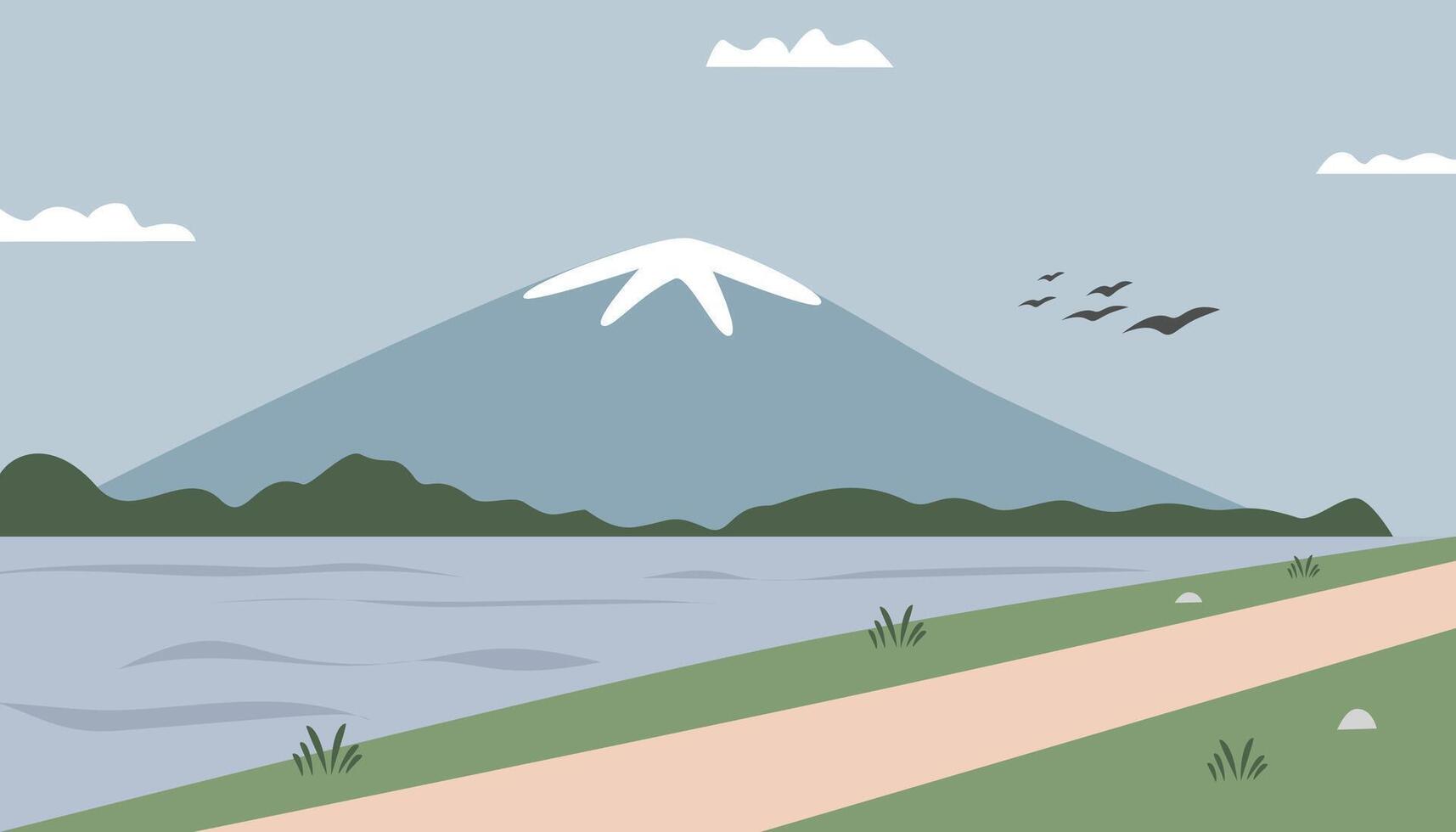 Countryside mountain with lake. Countryside path. Rural street. Rustic. Climbing route. Bushes. Silhouette. River. Fuji mountain. Picnic place. Holiday place. Mountain cartoon. Park. vector