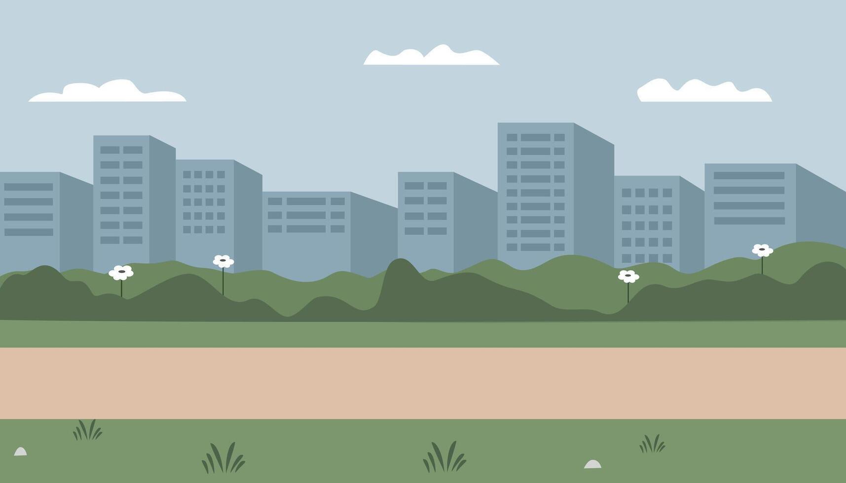 City park skyline. Park around skyscraper building. Cityscape. Public park footpath. Spring season. Summer season. Simple building illustration. vector