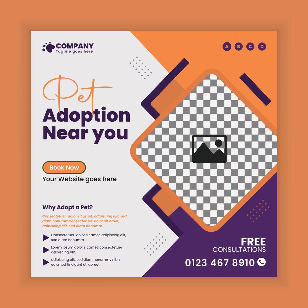 Pet Adoption, Food, and Healthcare Service Social Media Post Design or Pet Business web and online Post Square Banner Template vector