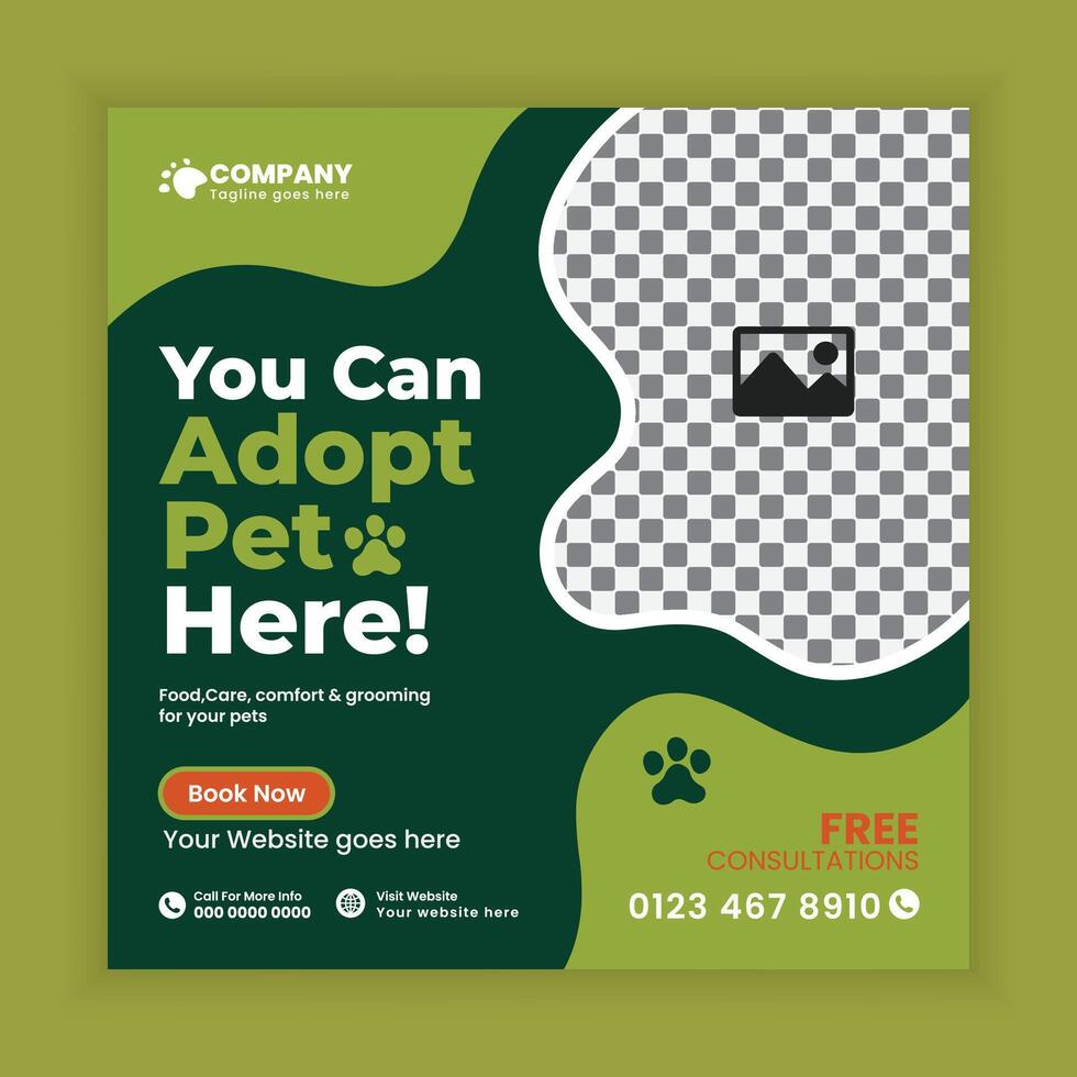 Pet Adoption, Food, and Healthcare Service Social Media Post Design or animal Business web and online Post Square Banner Template vector