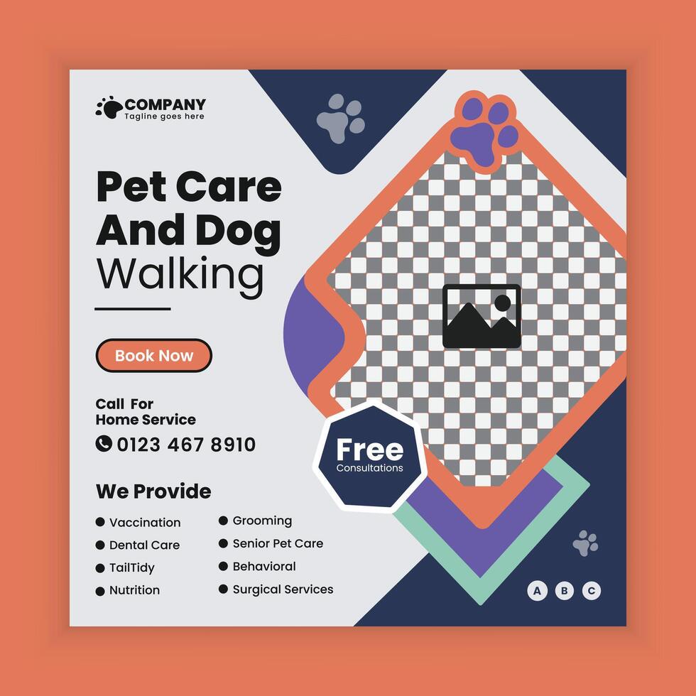 Dog walking, Adoption, Food, and Healthcare Service Social Media Post Design or Pet Business web and online Post Square Banner Template vector