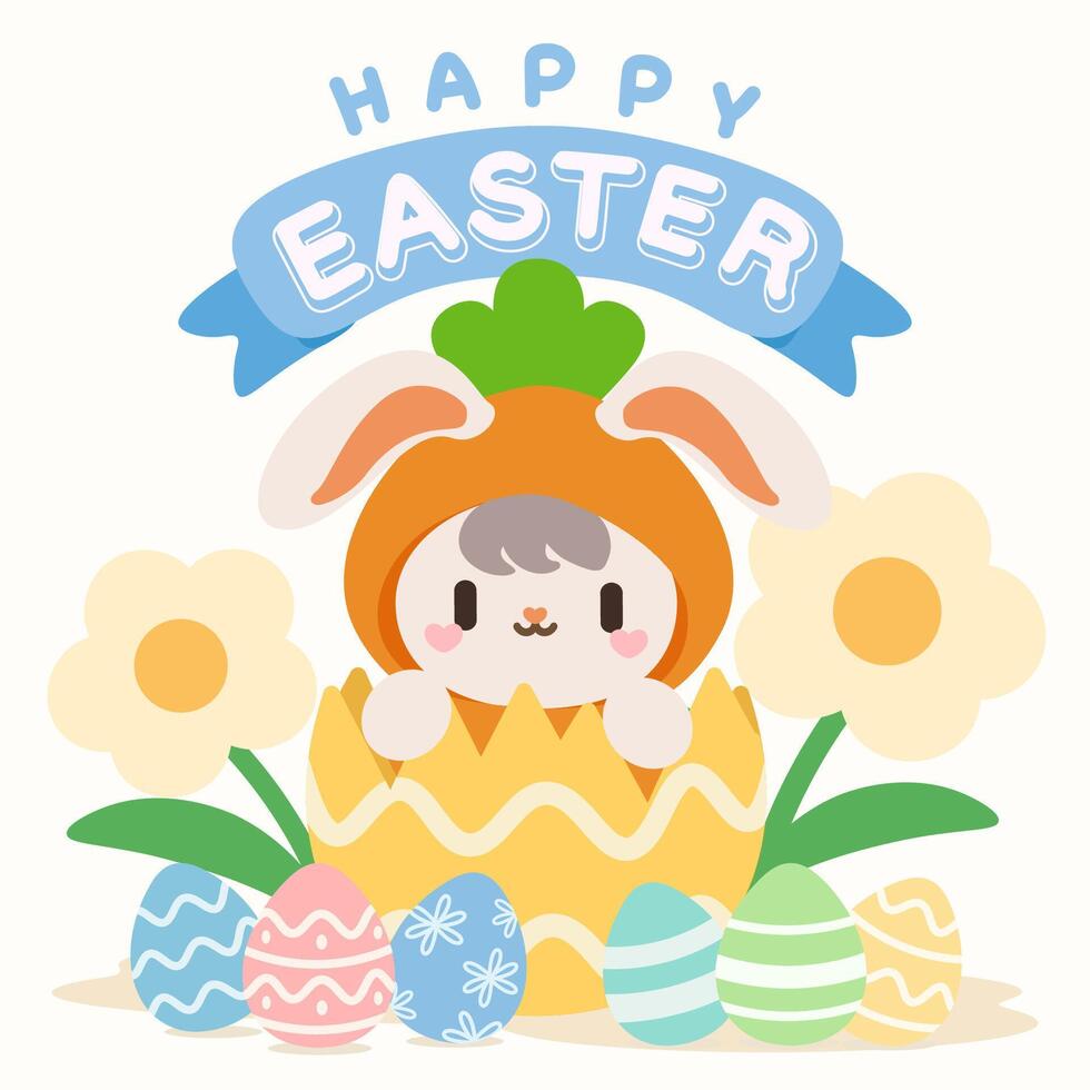 Adorable Easter Bunny in Carrot Costume with Colorful Eggs. Cute Easter Bunny Popping Out of an Egg with Festive Decorations. Happy Easter Illustration with Bunny, Flowers, and Painted Eggs. vector