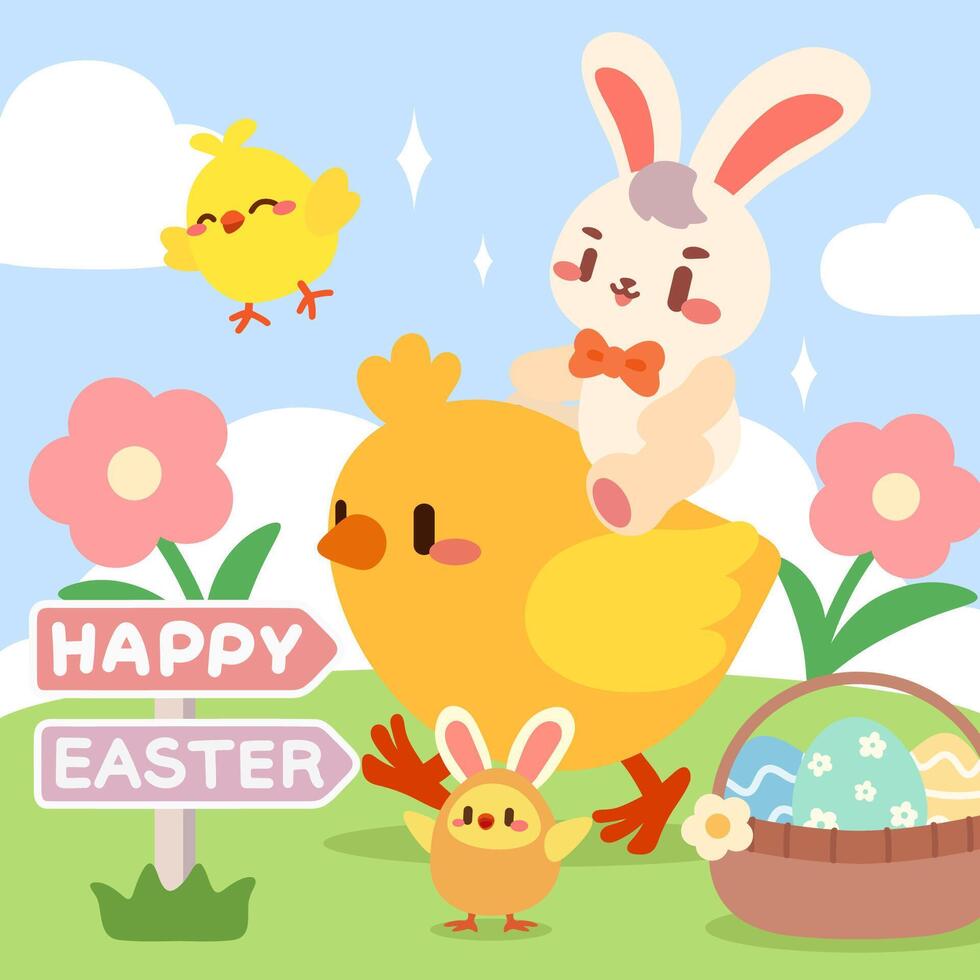 Cute Bunny and Chicks Celebrating a Happy Easter. Adorable Easter Bunny Riding a Giant Chick in a Spring Scene. Happy Easter Illustration with Playful Bunny and Baby Chicks. vector