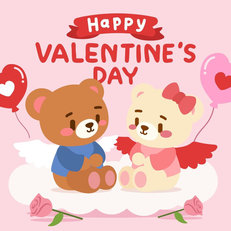 An adorable Valentine s Day illustration featuring two adorable teddy bears dressed as angels, sitting on a fluffy cloud with heart balloons and romantic details. vector