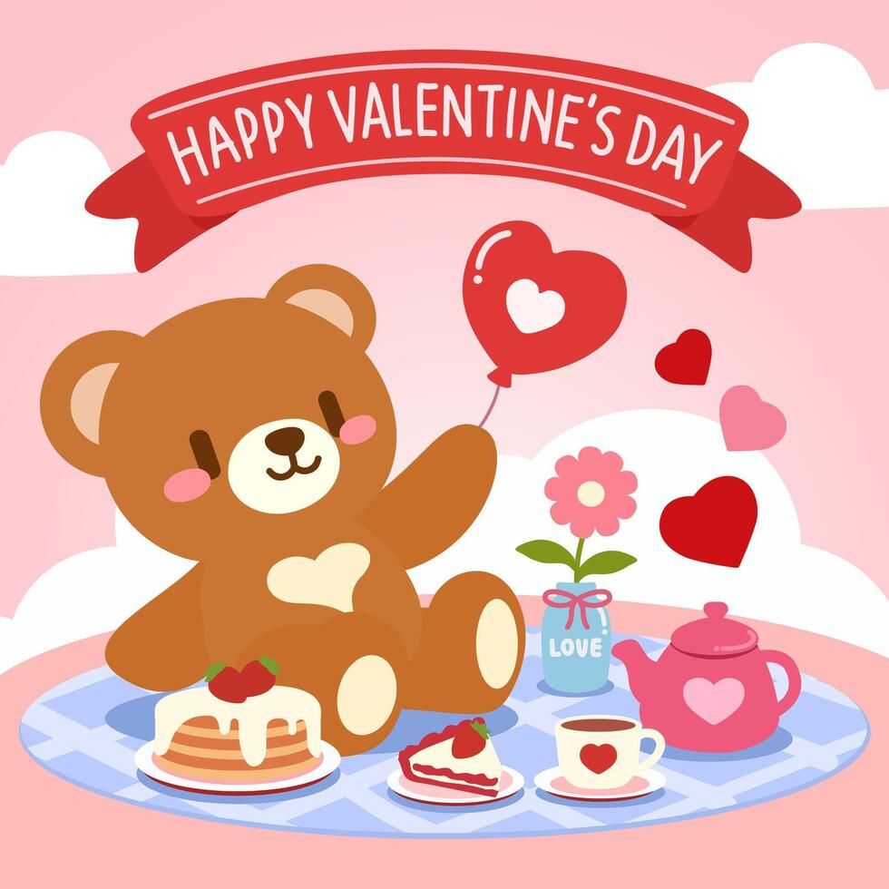 Adorable Valentine s Day illustration features a happy teddy bear holding a heart balloon while enjoying a sweet picnic with pancakes, cake, tea, and love-themed decorations. vector