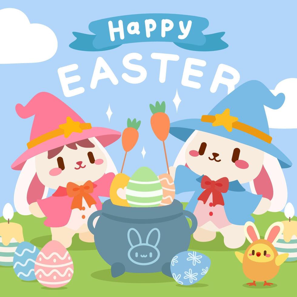 Cute Easter Bunny Wizards Cooking Magic Easter Eggs. Adorable Bunnies in Wizard Costumes Making Easter Magic. Happy Easter Illustration with Bunny Wizards and Colorful Eggs. vector