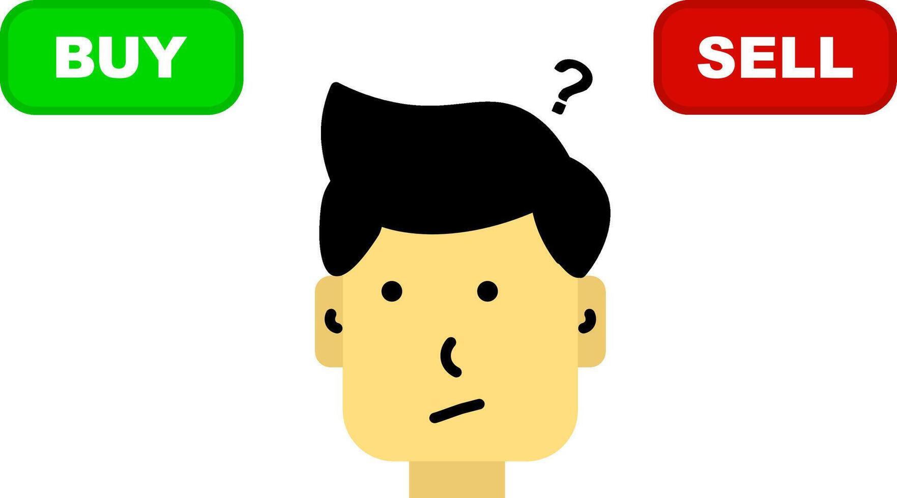 investment confusion character head with buy and sell labels, struggling with financial choices vector