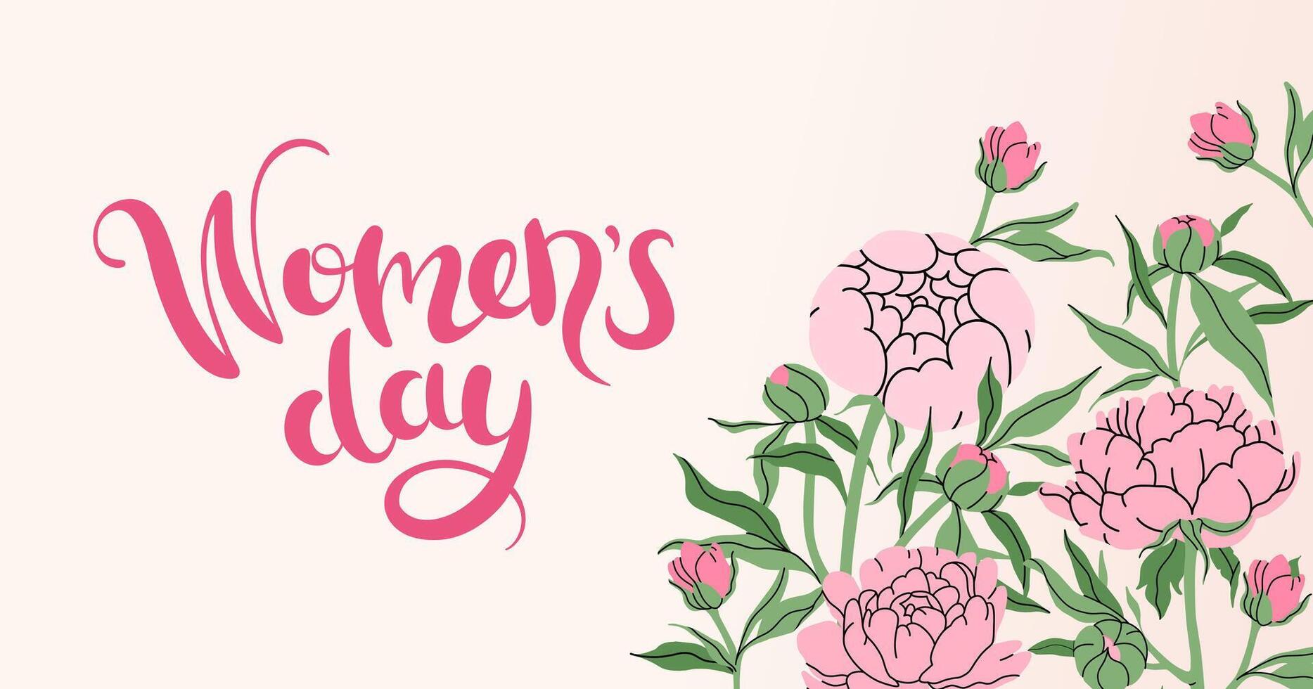 Women's Day banner with delicate pink peonies. Hand drawn lettering. Festive simple floral background. Trendy botanical spring flowers. flat illustration. vector