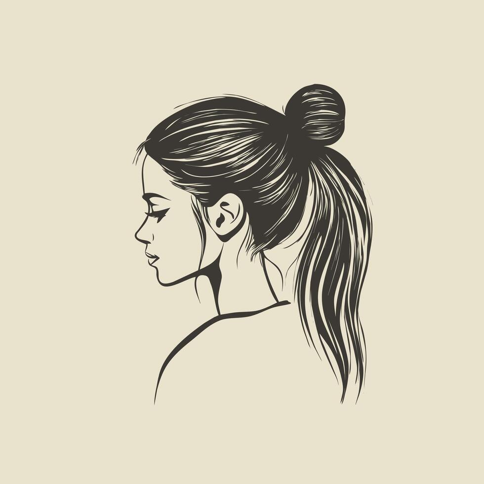 line art of a womans high ponytail, clean black strokes, modern and minimal design vector