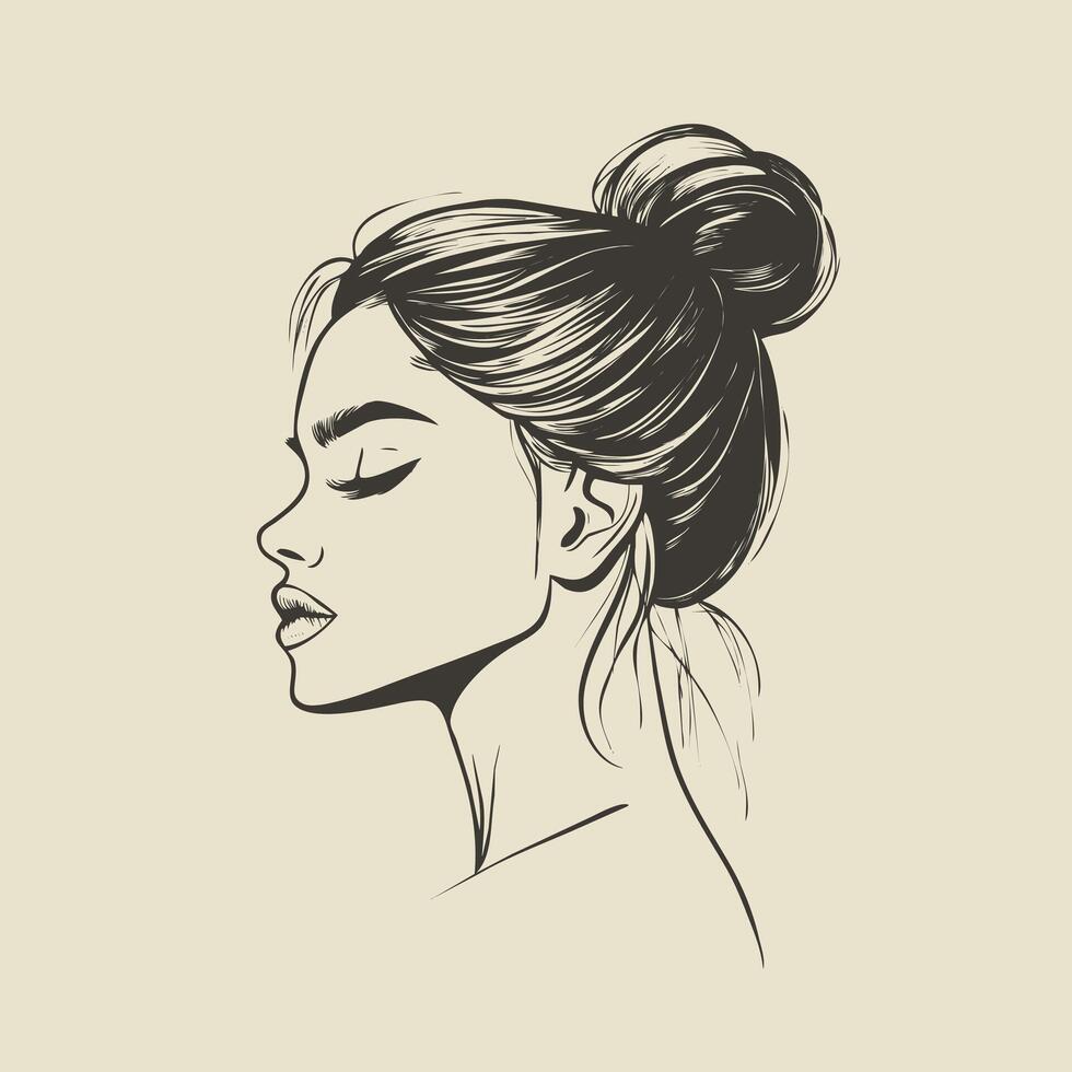 line art of a womans high ponytail, clean black strokes, modern and minimal design, drawn on a plain white background vector