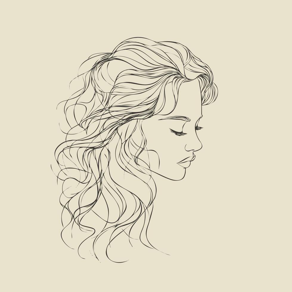 line art of a womans curly hairstyle, flowing natural curls, drawn with thin black lines, minimal and flat style, centered on a solid white background vector
