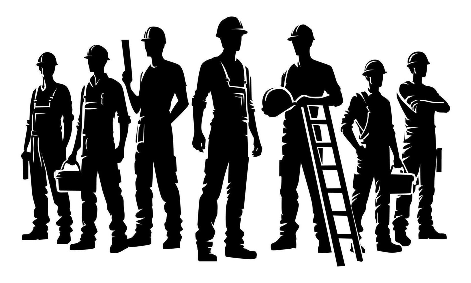 A silhouette group of standing construction worker. Design concept for poster, business advertising, backdrop, banner. vector