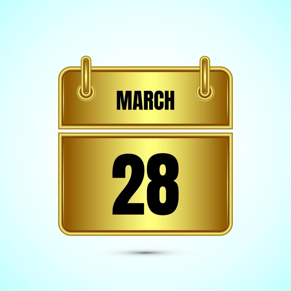 March 28 calendar and time planner on gold background. Daily calendar icon, schedule symbol vector