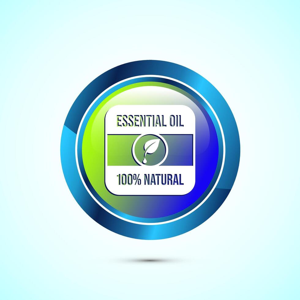 Essential oil icon design, 100 percent essential oil icon for product certificate tag, Glossy round button design vector