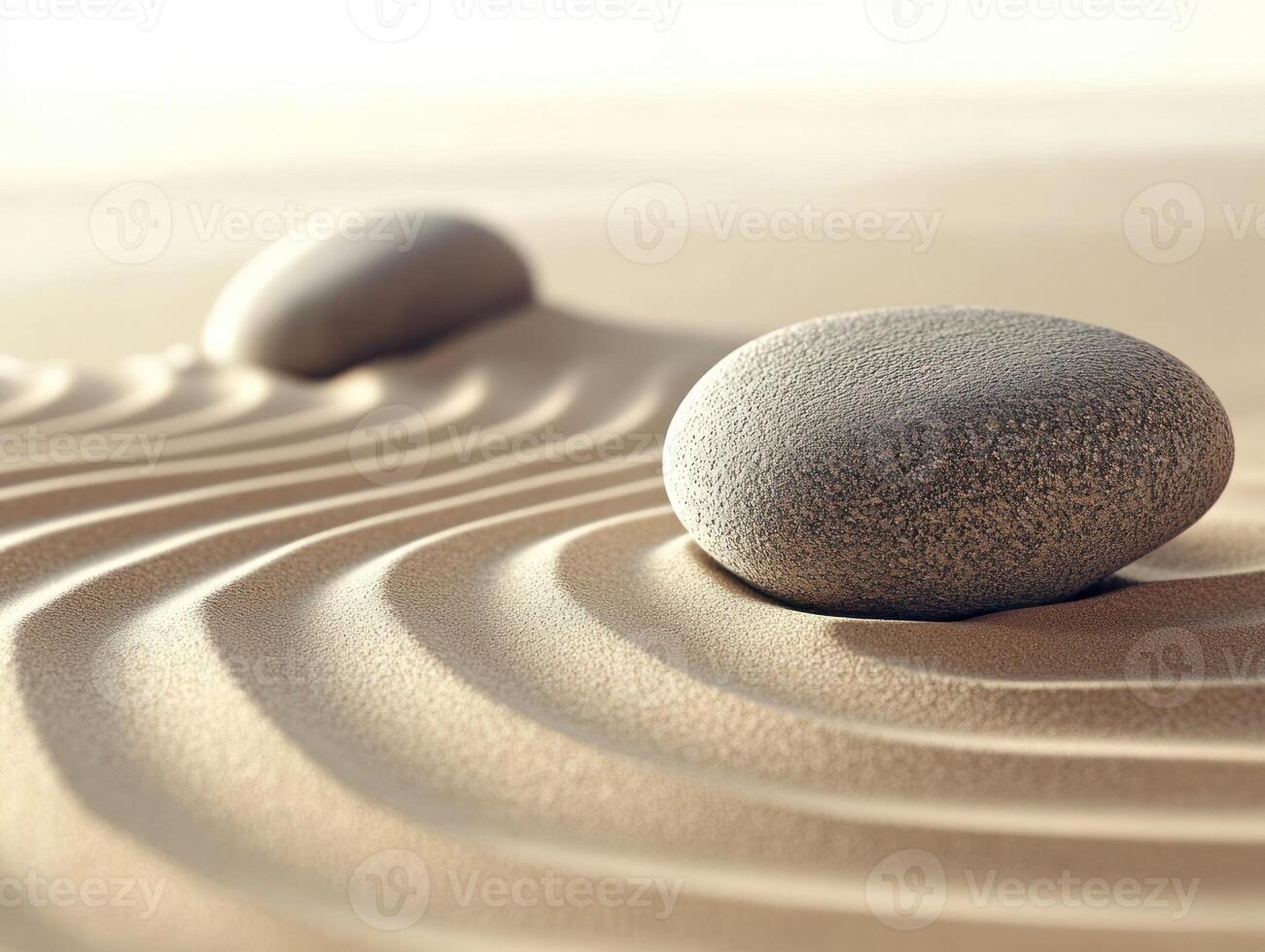 Tranquil zen garden with smooth stones and sand patterns for relaxation and meditation themes photo