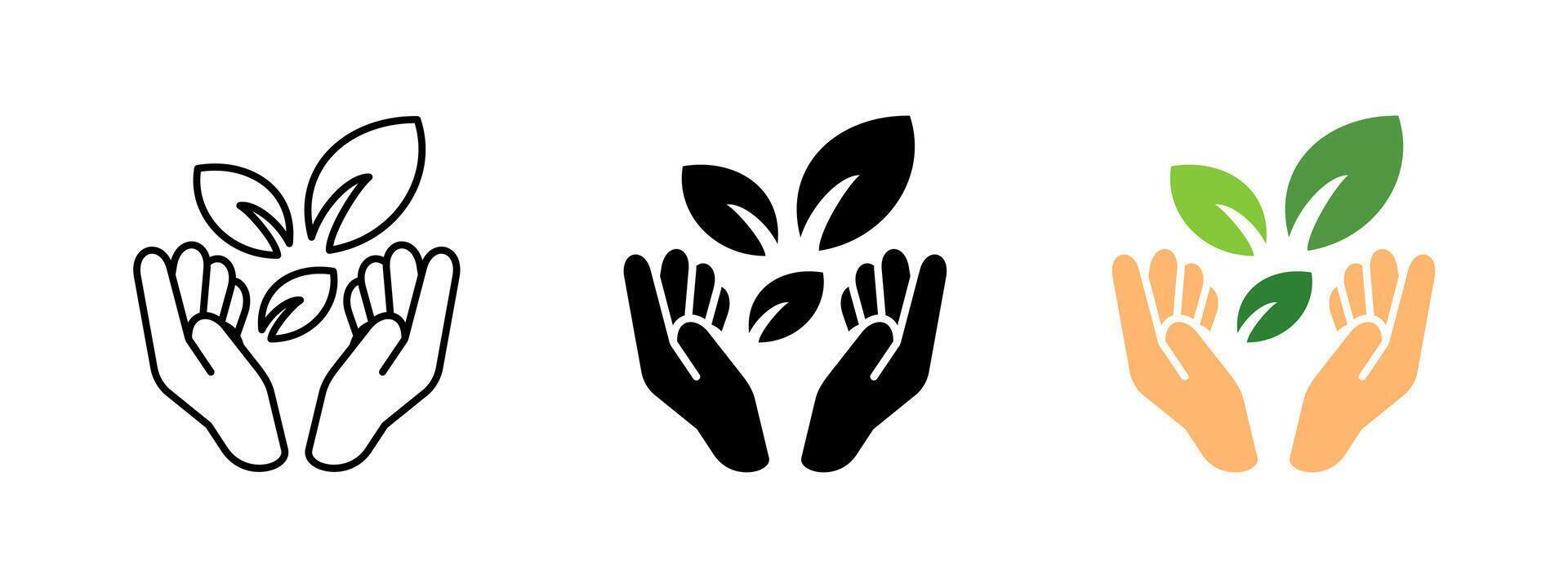 Hands with leaf icon. Natural and organic product label illustration. Ecological recyclable product emblem. Ecology environment care symbol. Nature conservation sign. Hand with leaves pictogram vector