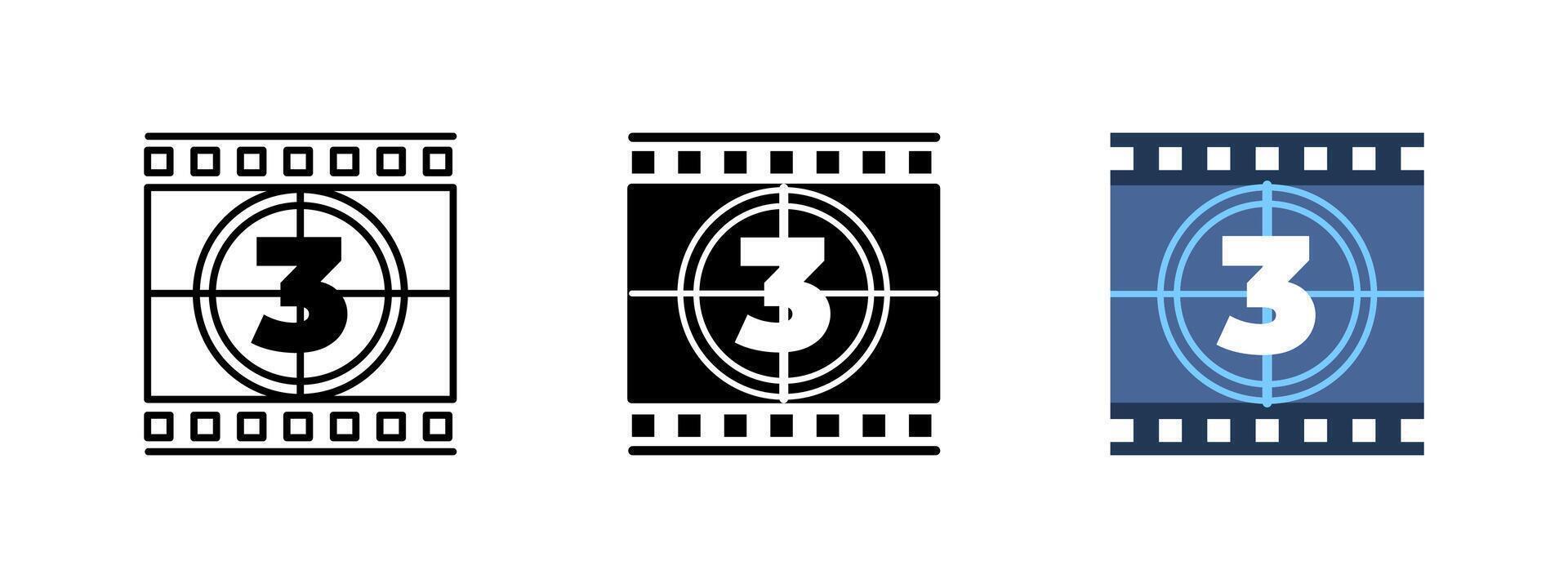 Movie countdown icon. Classic film leader illustration. Retro cinema frame symbol. Vintage countdown reel design. Timer projection tape image. Media projector concept. vector