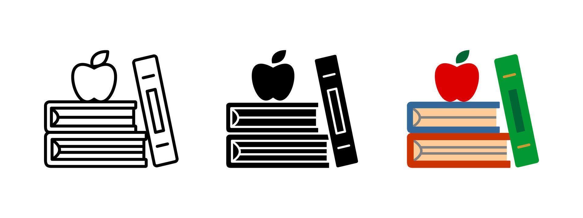 Books and apple icon. Study education illustration. School learning symbol. Knowledge and reading pictogram. Student library graphic. Academic classroom design. Literature classes concept. vector