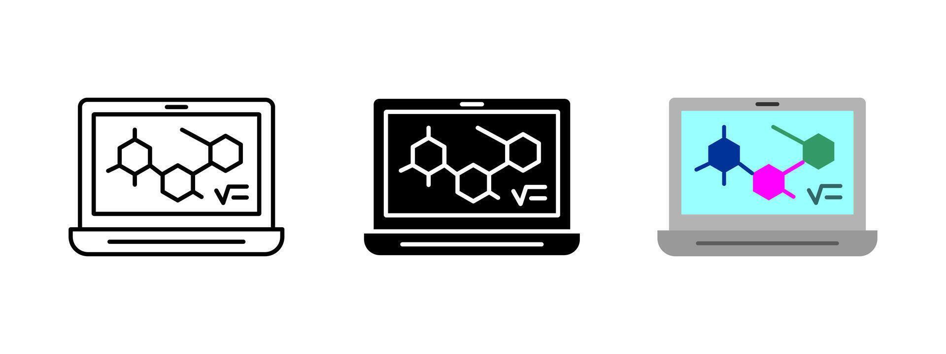 Laptop with chemistry formula icon. Science and education illustration. Technology and computer symbol. Laboratory research pictogram. Molecule study graphic. Online experiment design. vector