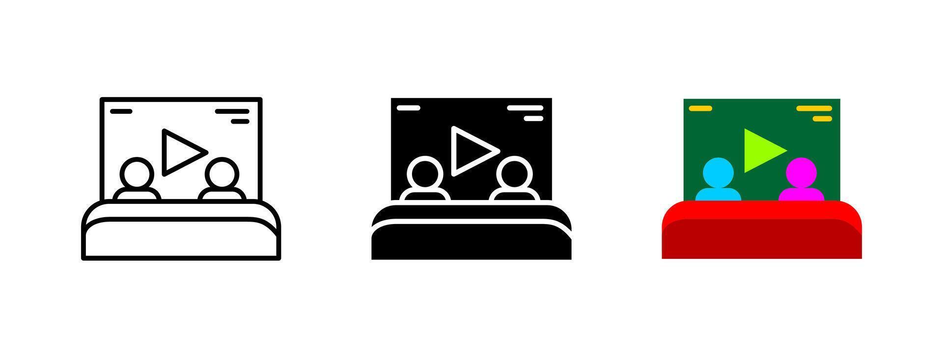 Couple watching movie icon. Romantic cinema date . Lovers leisure illustration. Theater symbol. Entertainment romance design. Film together graphic. Pair of people sitting in the cinema image. vector