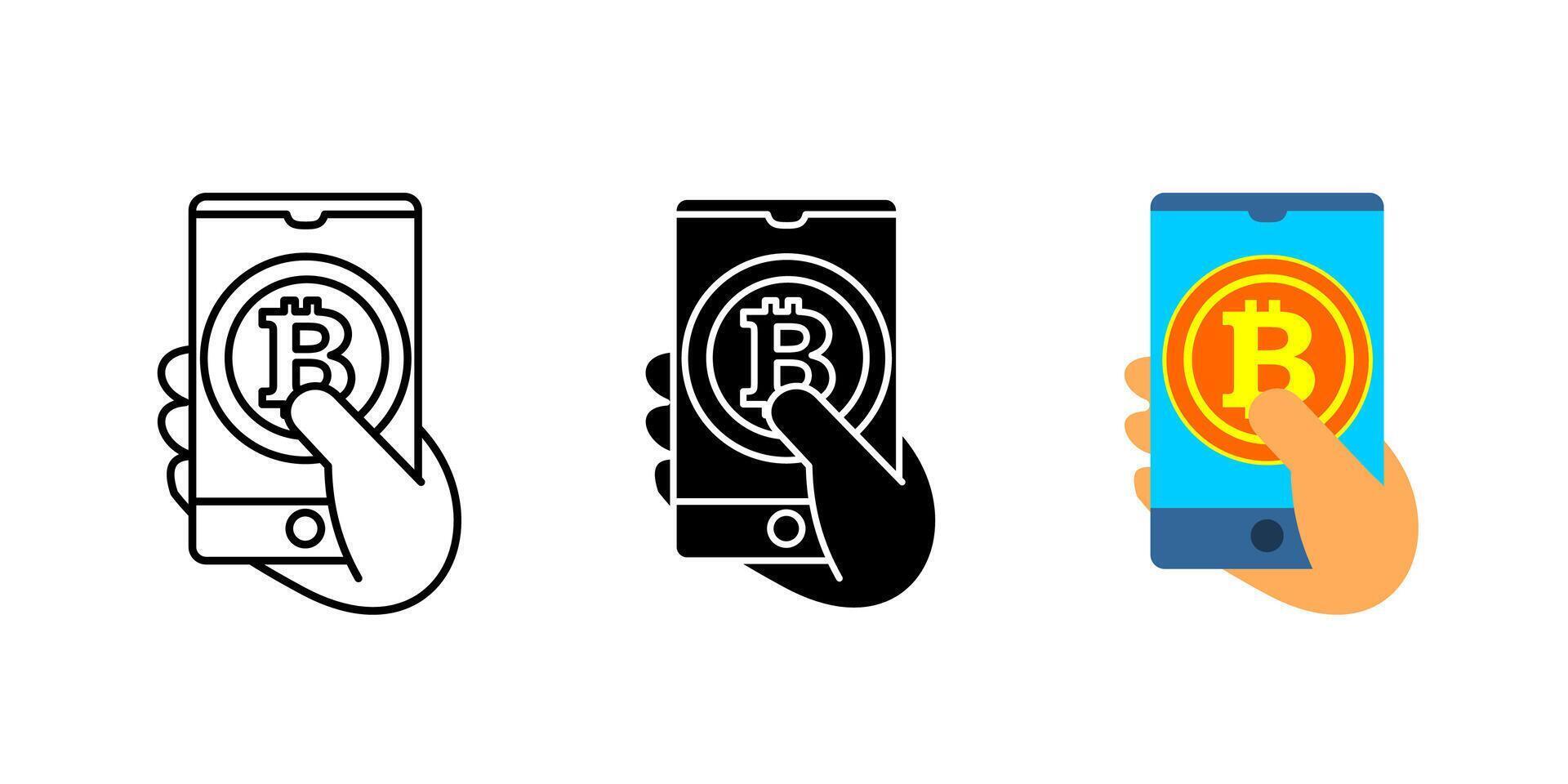Hand with phone bitcoin icon. Crypto mobile payment illustration. Electronic wallet and finance currency symbol. Digital money transfer design. Technology banking transaction graphic. vector