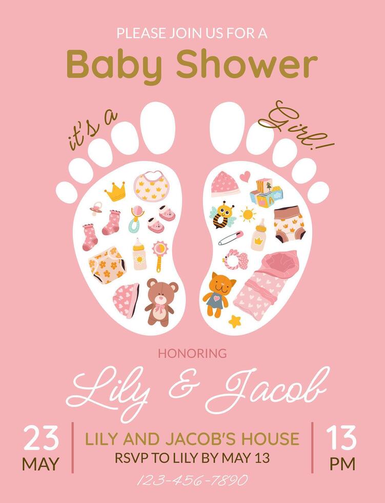 Invitation card for baby shower or birthday party. It's a girl. Vertical postcard template with footprints, baby essentials and text on pink background. Festive card. Cute illustration. vector