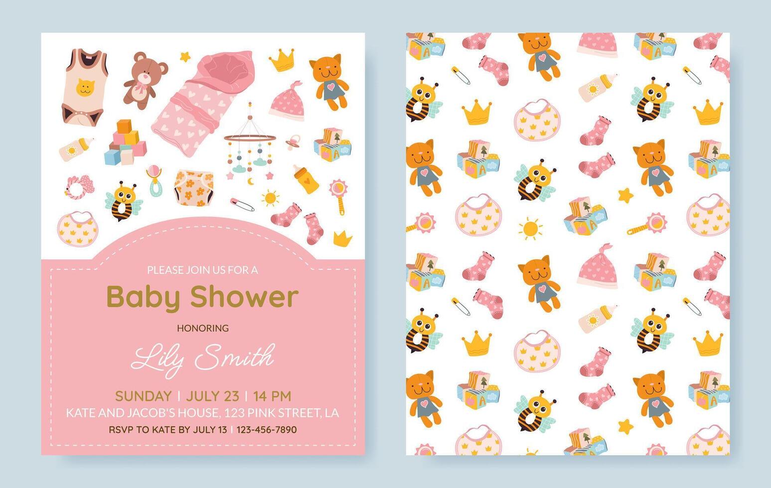 Set of vertical invitation cards for a baby shower, birthday, or gender reveal party. It's a Girl. Isolated postcard templates with baby essentials, text and pattern. vector