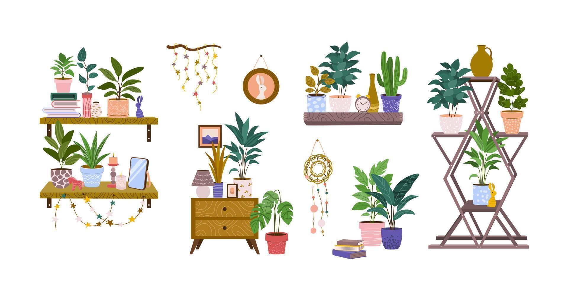 Different plants in flower pots. Isolated elements of home decor. Houseplants on shelves, side table, floor, bookshelves, plant stand. Set of cozy indoor decor. Flat illustrations on white. vector