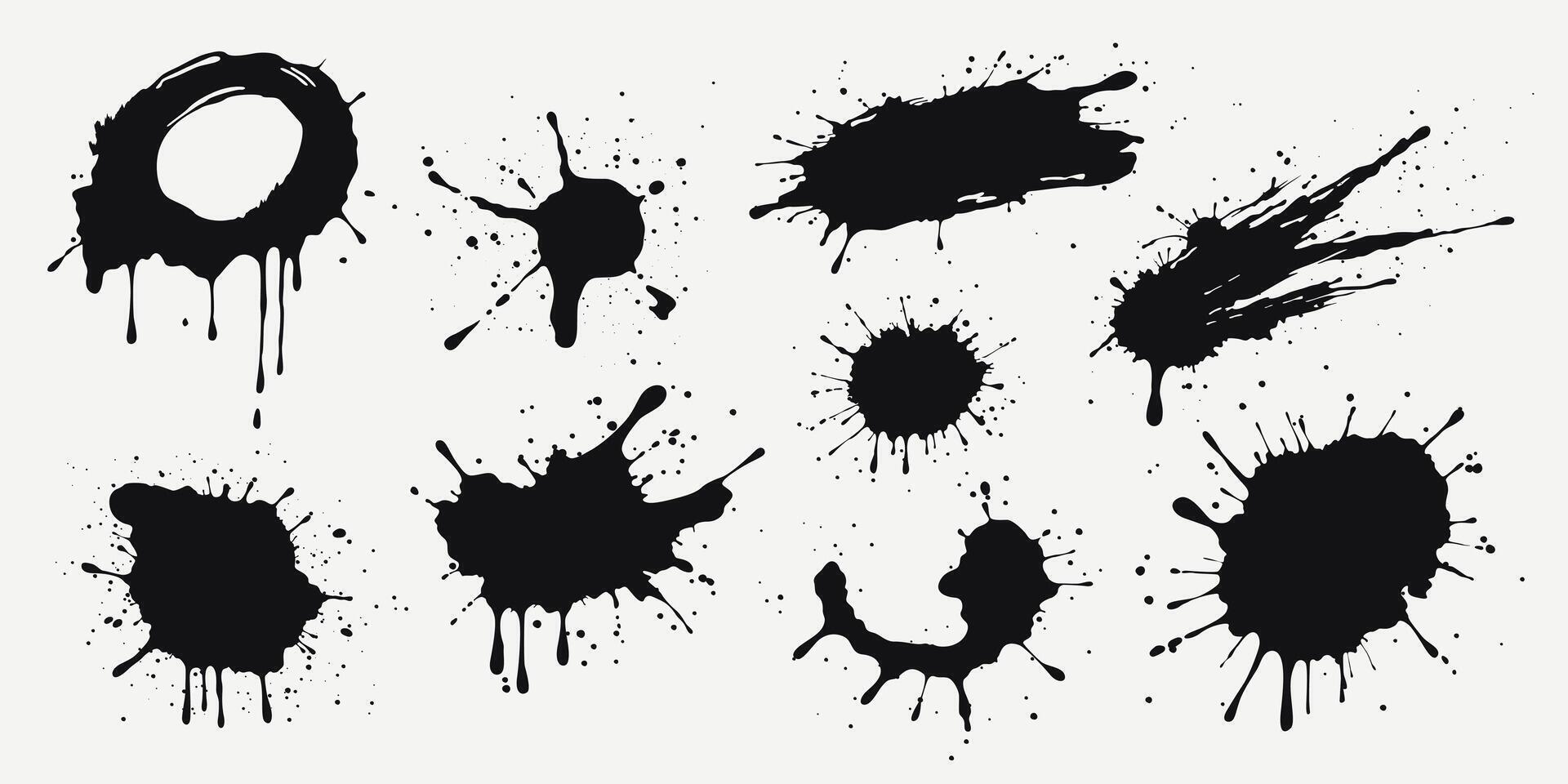 Black paint splashes, ink drops, liquid drips and splashes. Grunge stains with scattered and dripping droplets. Isolated sprayed elements. Blobs of various shapes. Abstract illustrations. vector