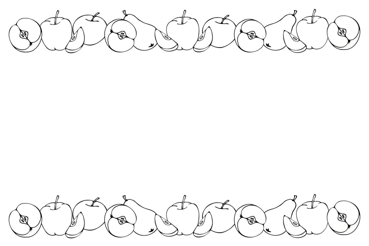 frame of apples and pears along the top and bottom edges, on a white background. contour drawing. vector