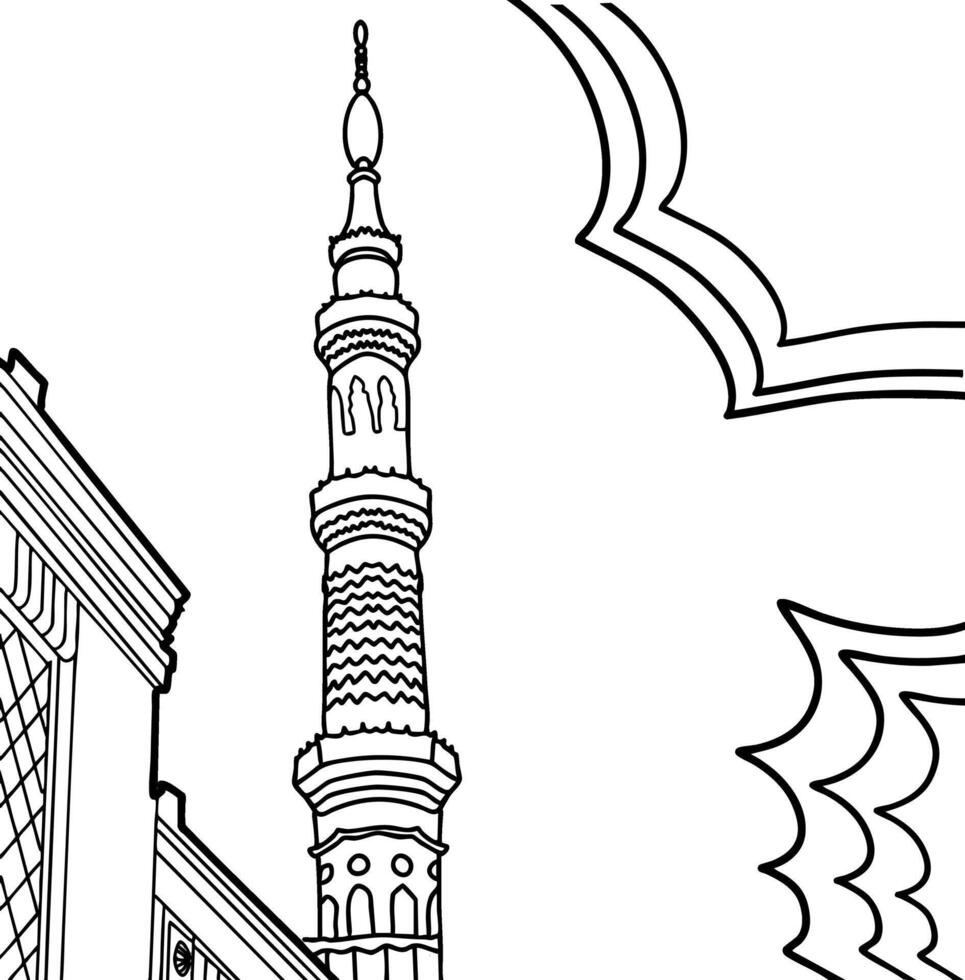 Mosque Minaret Illustration, Islamic Architecture, Arabic Design, Traditional Tower, Religious Symbol, Line Art, Black and White, Isolated on White Background for Design and Decoration. vector
