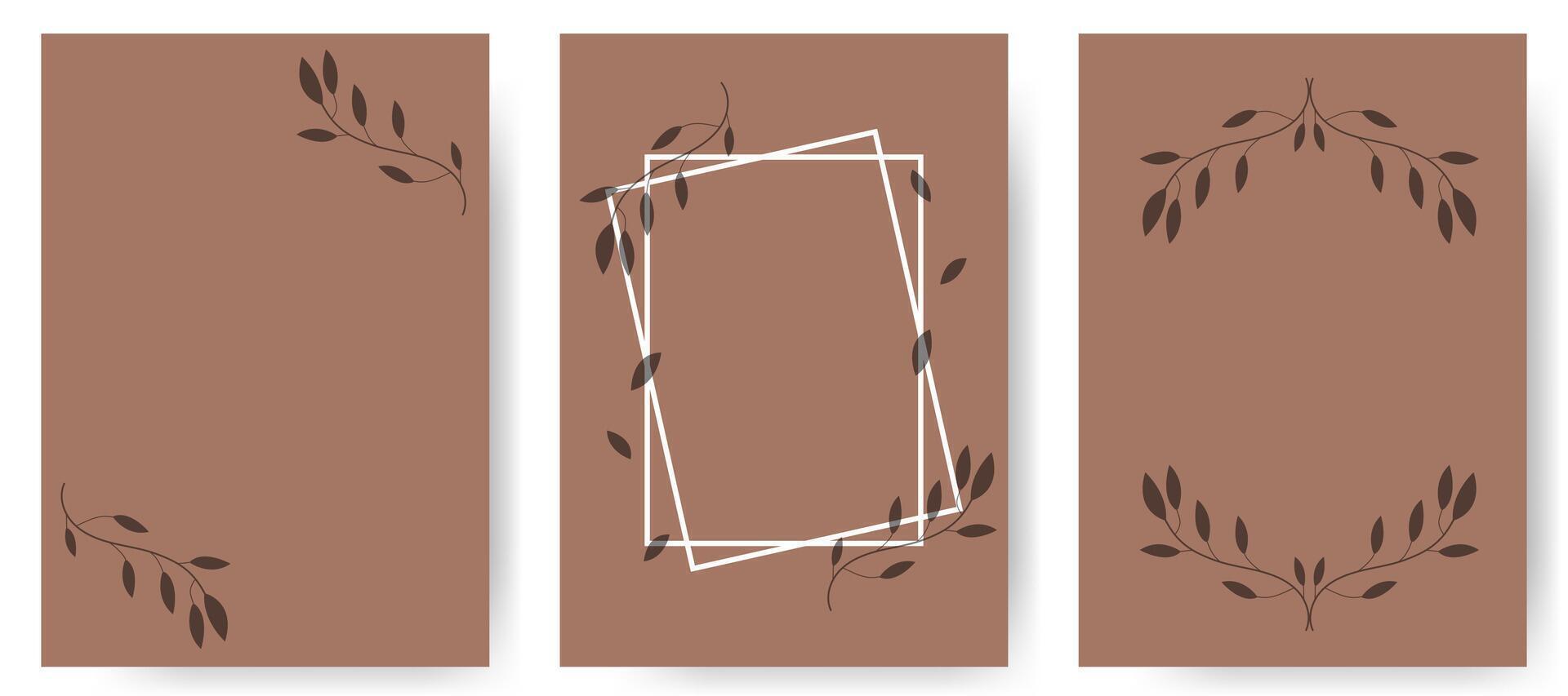 Set of frame posters decorated with leaves on elegant branches. templates on trendy color. vector