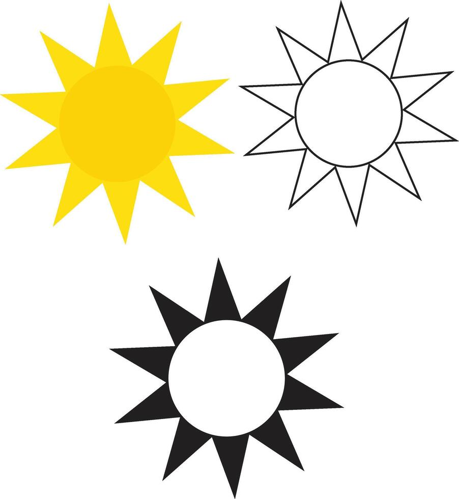 Three Unique Sun Designs in Black, White, and Yellow vector