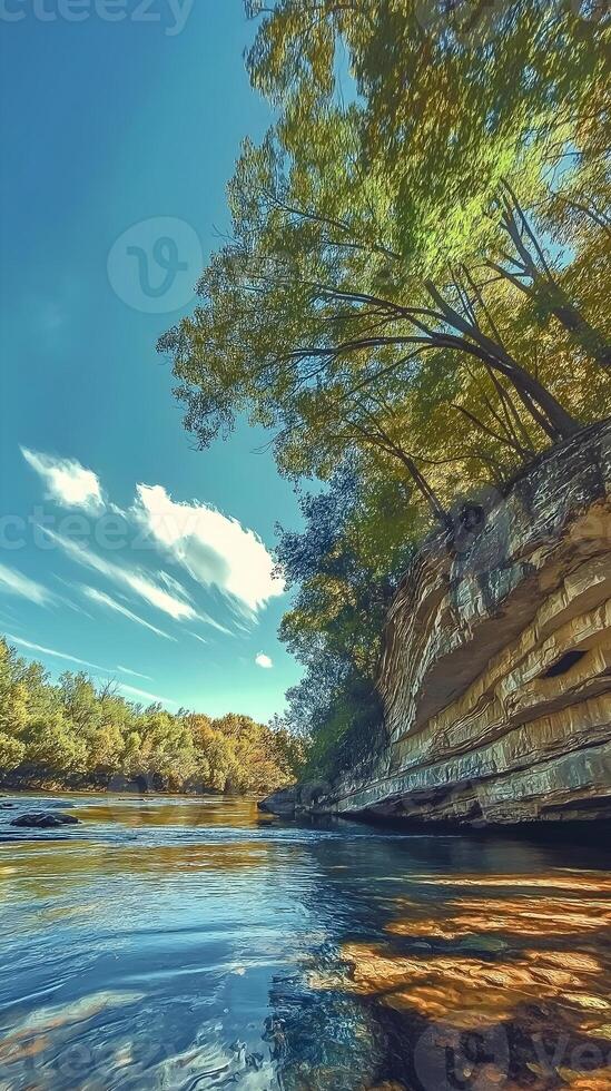 Cliffside Serenity by the River. A tranquil riverscape featuring a calm waterway bordered by towering cliffs with layered rock formations. Scene capturing the harmony of earth, water, and sky photo