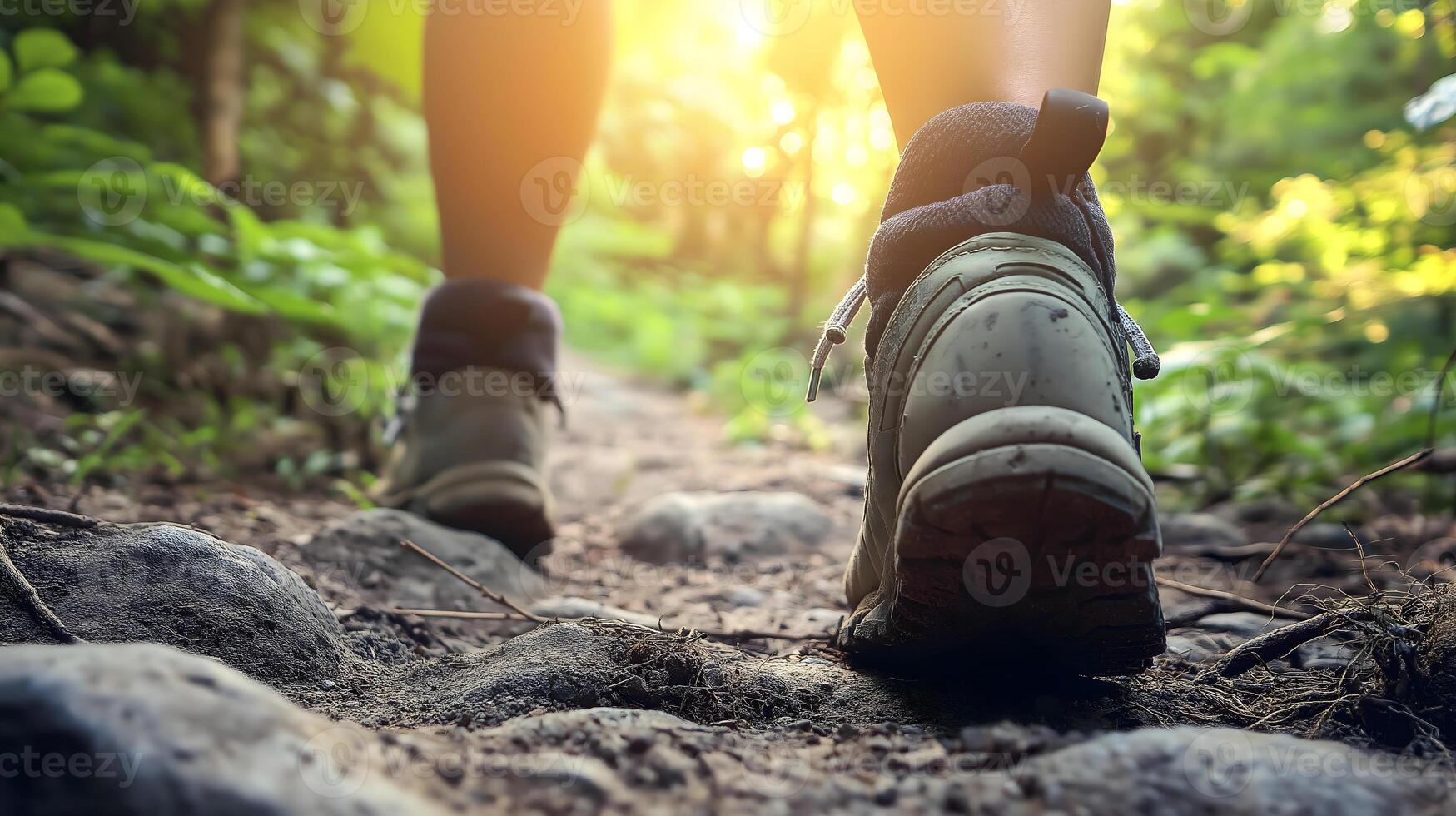 Close-Up of Hiking Boots on a Forest Trail. A close-up view of a hiker s boots walking along a rocky forest trail, surrounded by lush greenery. photo