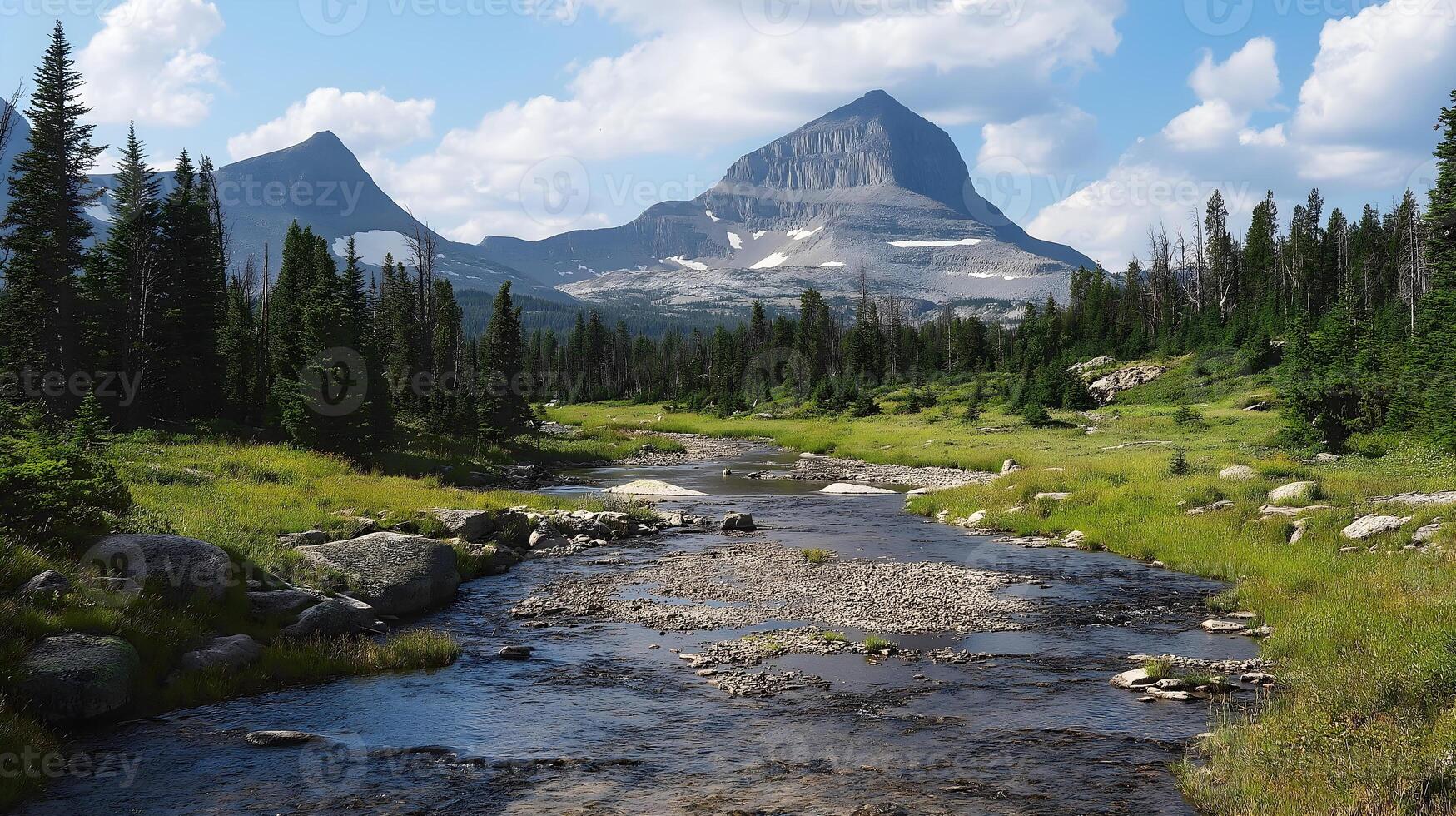 Pristine Alpine River and Majestic Peaks. A picturesque mountain scene with a crystal-clear river flowing through a lush green valley. Surrounded by towering pine trees and snow-capped peaks photo