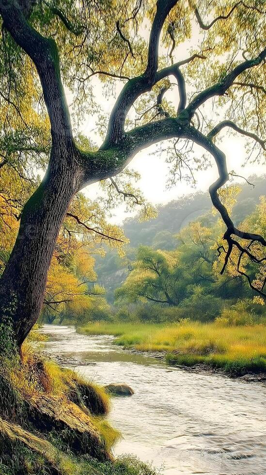 Whisper of the Winding Stream. A picturesque riverside scene featuring a gracefully arching tree with golden and green leaves that frame the view. photo