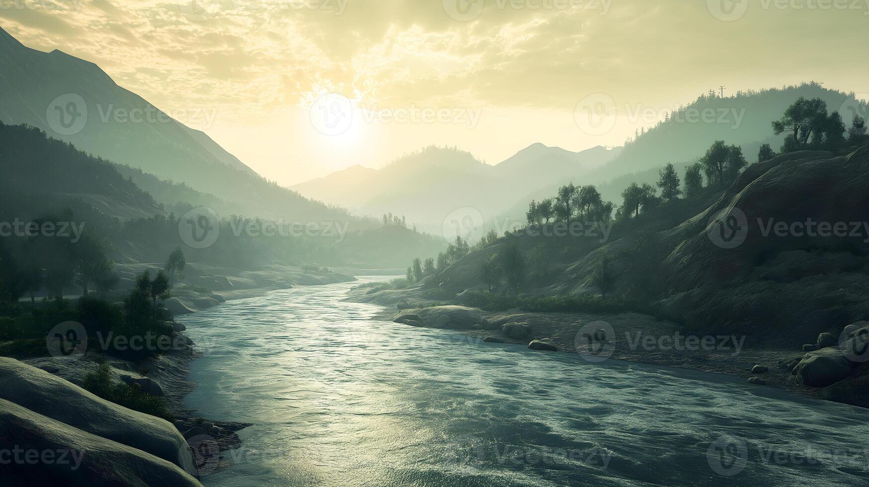 Golden Glow Over a Flowing River. A breathtaking view of a river winding through a tranquil mountain valley during sunrise. photo