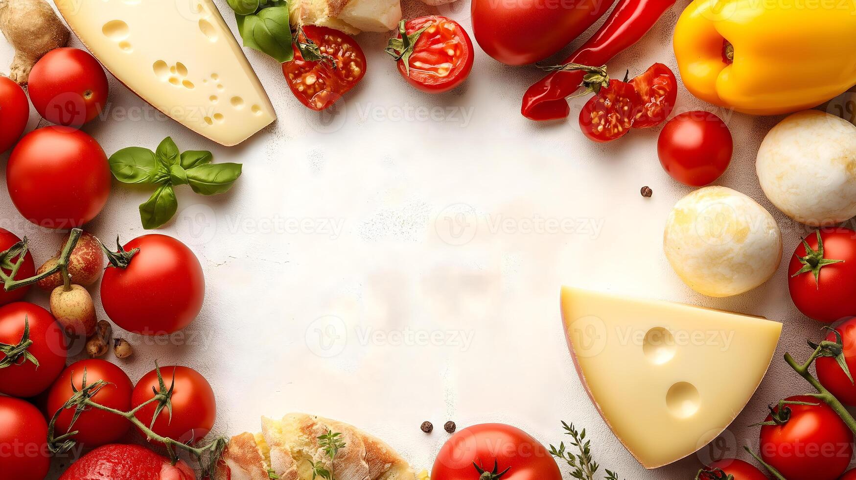 Cheese and Tomatoes Arrangement on White Surface. A bright and appetizing composition of various types of tomatoes, cheese slices, and bell peppers arranged on a clean white surface. photo