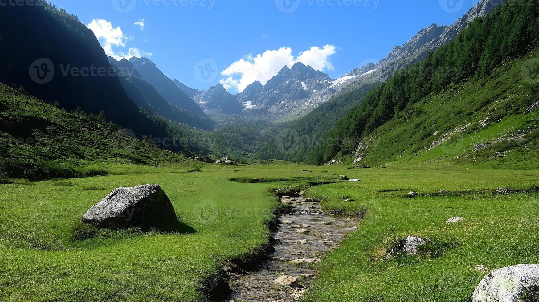 Idyllic Mountain Valley with a Winding Path. A breathtaking alpine valley with a narrow winding path leading through vibrant green meadows, surrounded by majestic mountain peaks. photo