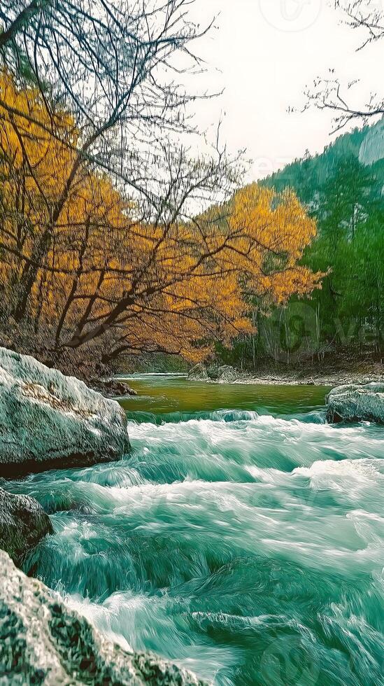 Emerald Rapids Amid Golden Autumn. A vibrant river flows swiftly through the heart of a picturesque valley, framed by rocky banks and trees adorned with golden autumn leaves. photo